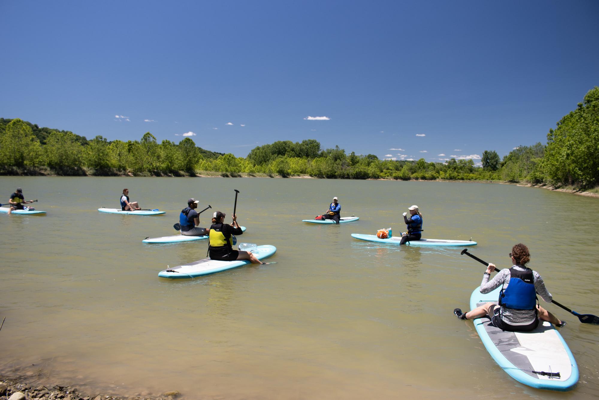 a group of people on paddle boards in a lake