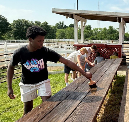 a group of people painting a picnic table