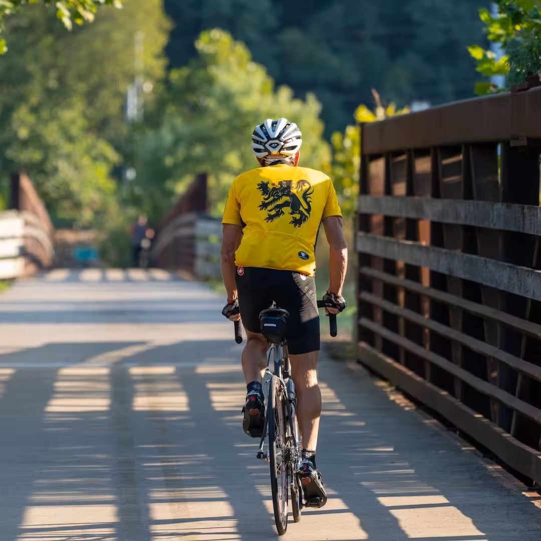 a man riding a bicycle on a bridge